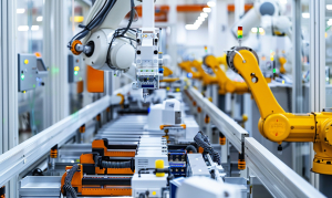 Fertigungsautomation: Roboterarme und Fördersystem in moderner Produktionsanlage